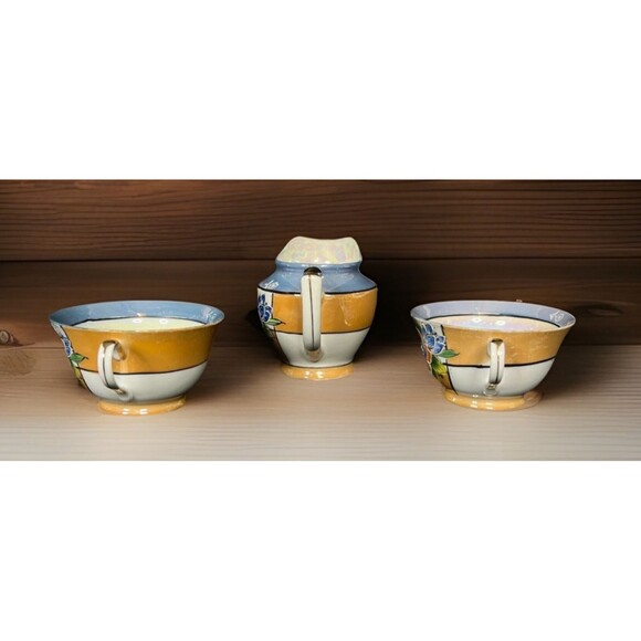 Vtg Japan Lusterware Blue Peach Raised Floral Teacups & Creamer Lot of 3 - Picture 4 of 8
